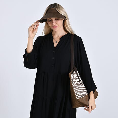 Two-Piece Set - Beach Ready Nautical Style Zebra Pattern Tote Bag and Hallow Top Sun Hat - Brown