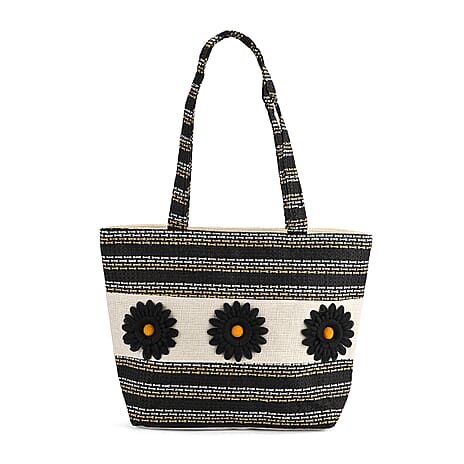 Fashionable Stripe Tote with Graphic Daisy Floral Appliques
