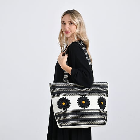 Fashionable Stripe Tote with Graphic Daisy Floral Appliques