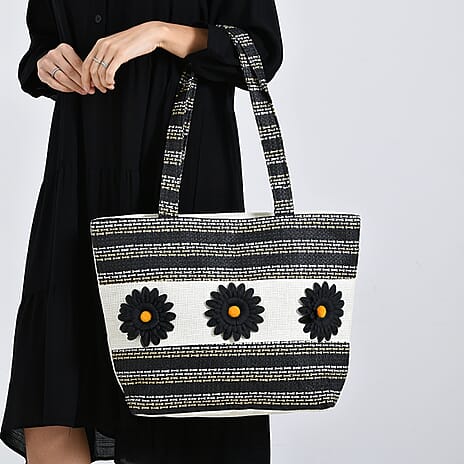 Fashionable Stripe Tote with Graphic Daisy Floral Appliques