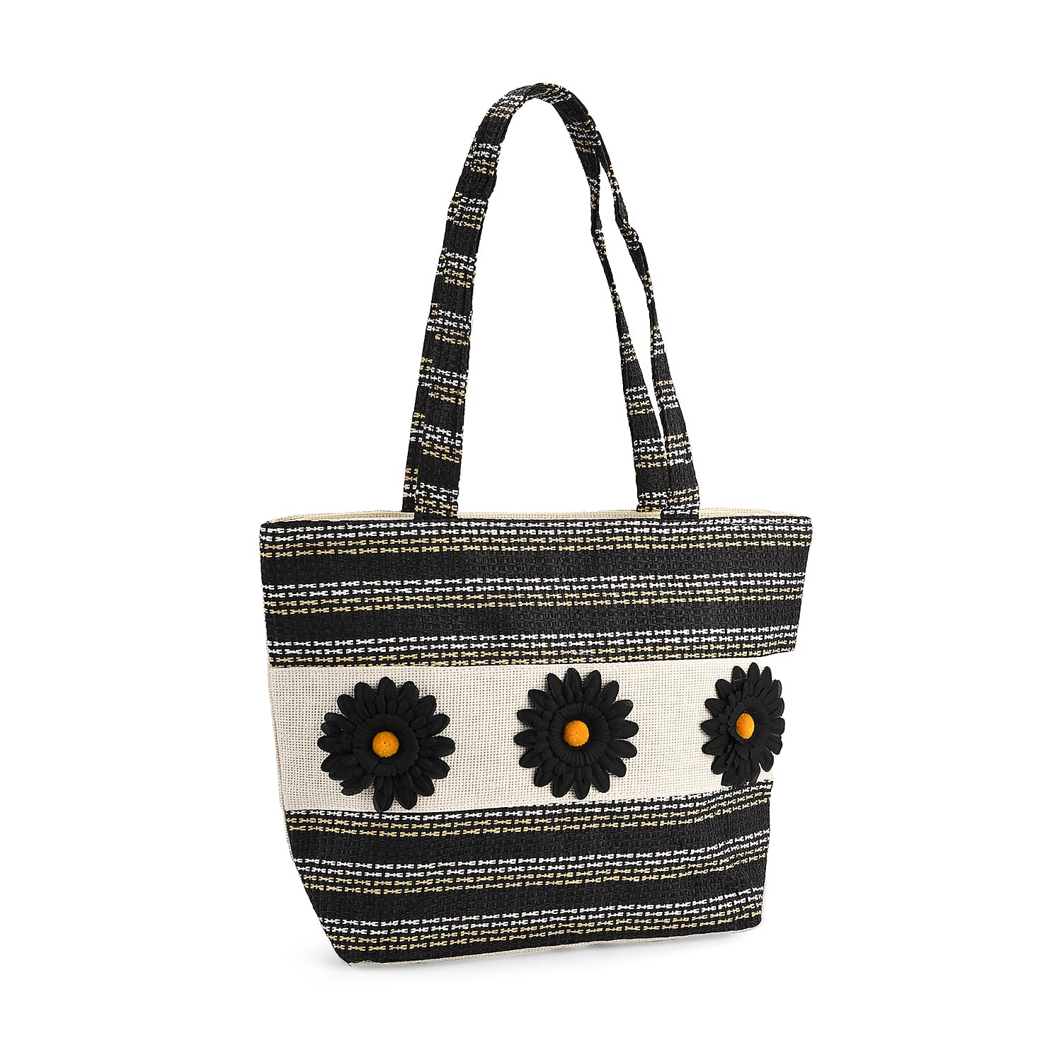 Fashionable Stripe Tote with Graphic Daisy Floral Appliques - Black With Complimentary Bag Fashionable Stripe Tote with Graphic Daisy Floral Appliques - Black With Complimentary Bag