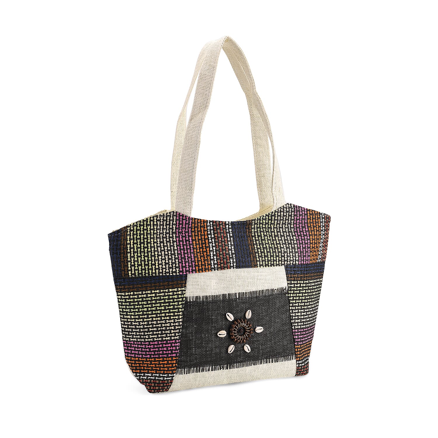 Multicolored Woven Stripe Tote Bag with Sunburst Floral Patchwork Design Multicolored Woven Stripe Tote Bag with Sunburst Floral Patchwork Design