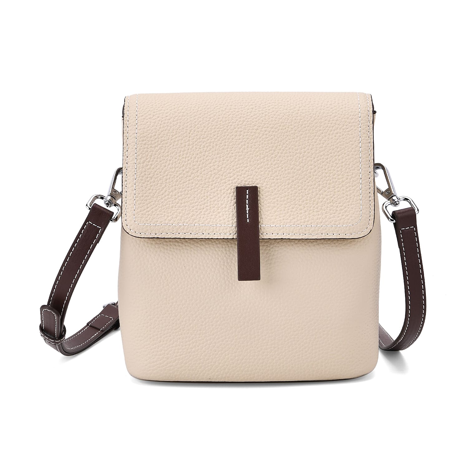 SUMPTUOUS QUALITY Stylish Two-Tone 100% Exquisite Genuine Leather Flap Crossbody with Brown Adjustable Strap - Off White