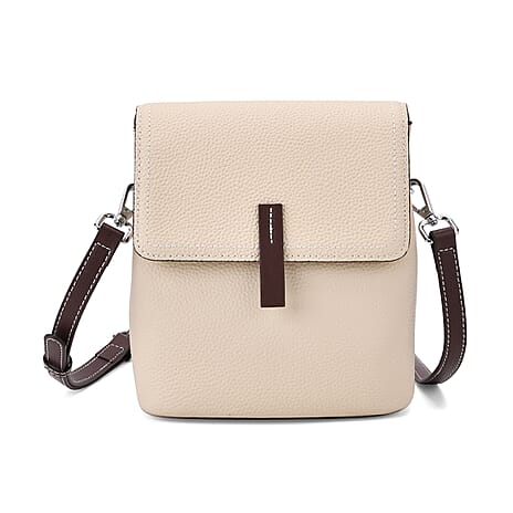 Stylish Two-Tone Genuine Leather Rectangular Flap Crossbody with Brown Adjustable Strap - Off White