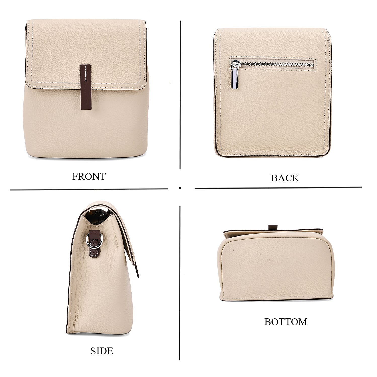 SUMPTUOUS QUALITY Stylish Two-Tone 100% Exquisite Genuine Leather Flap Crossbody with Brown Adjustable Strap - Off White