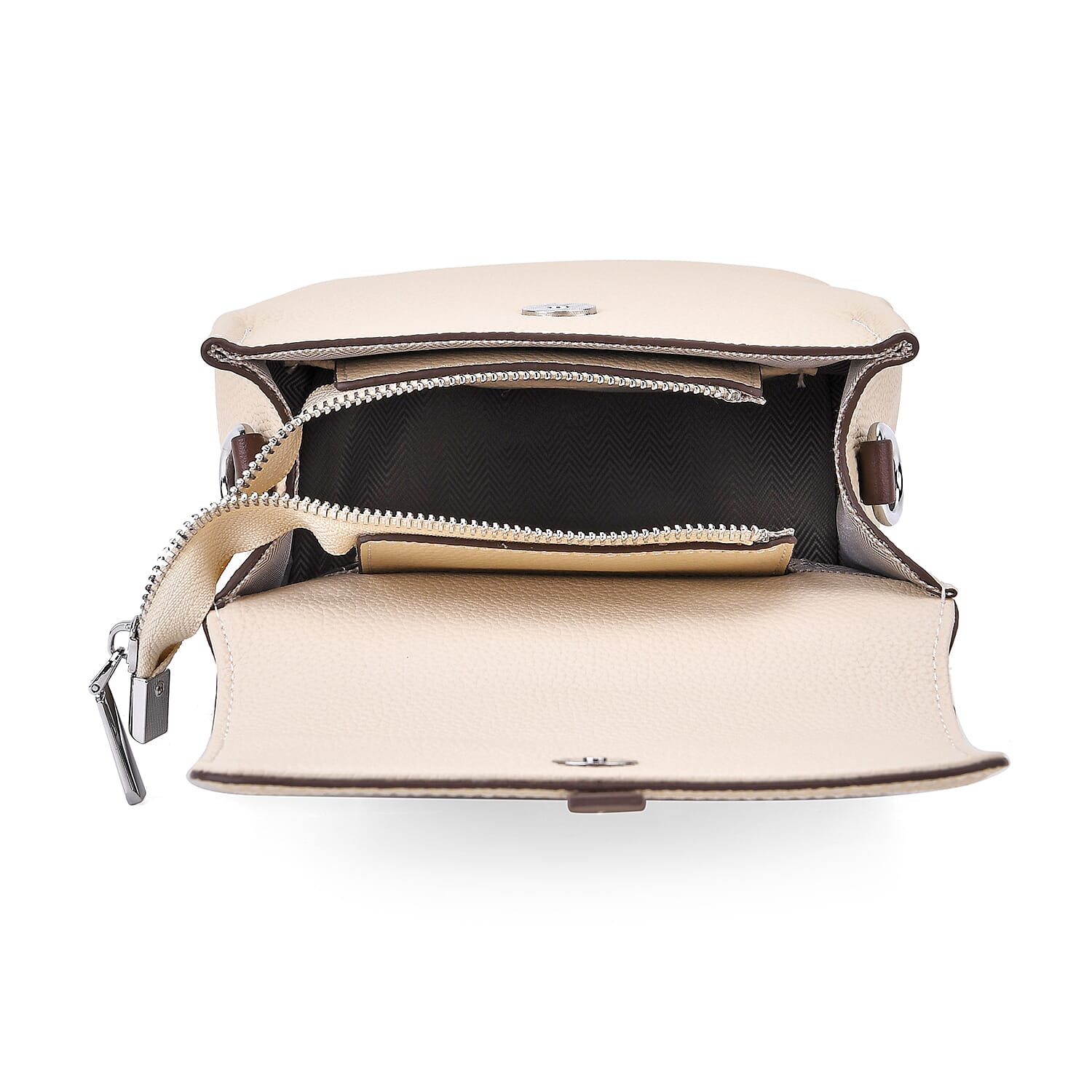 SUMPTUOUS QUALITY Stylish Two-Tone 100% Exquisite Genuine Leather Flap Crossbody with Brown Adjustable Strap - Off White
