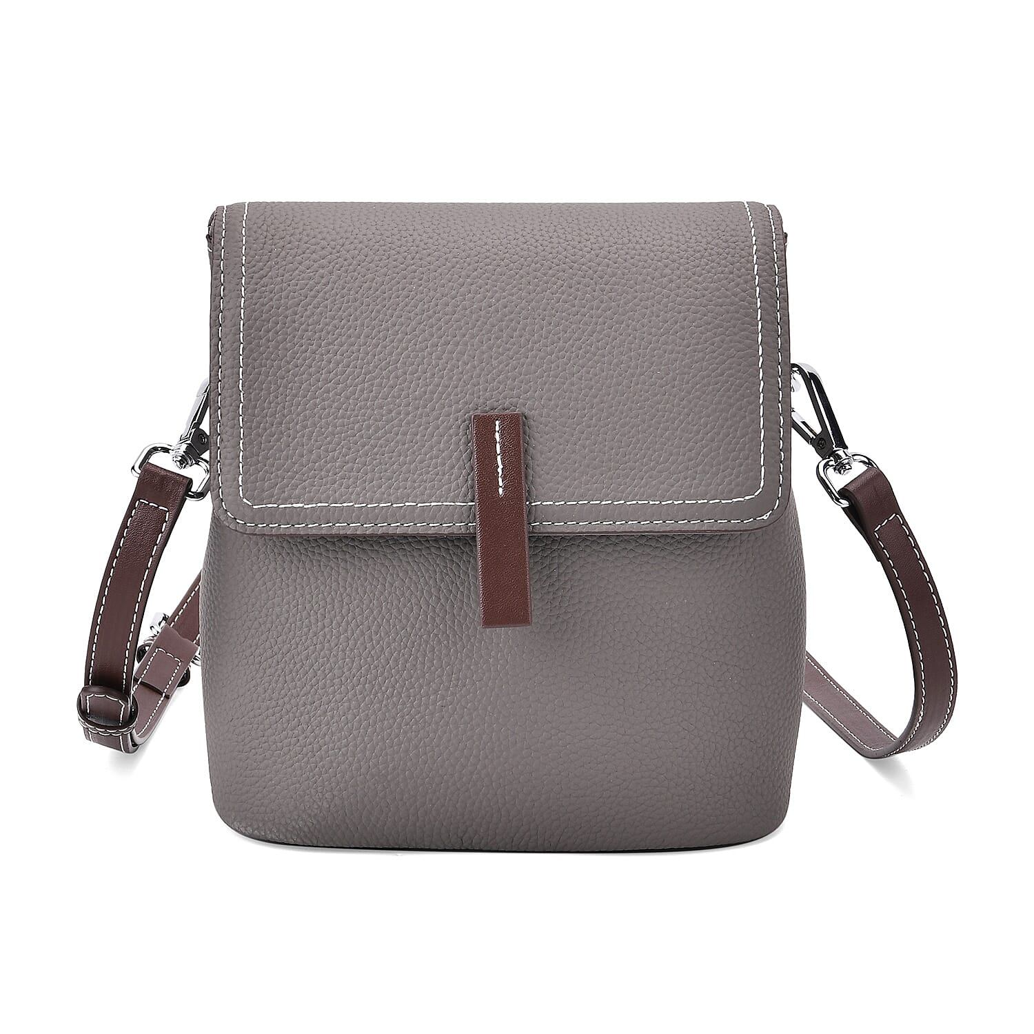 SUMPTUOUS QUALITY Stylish Two-Tone 100% Exquisite Genuine Leather Flap Crossbody with Brown Adjustable Strap - Dark Grey