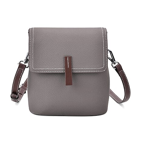 Stylish Two-Tone Genuine Leather Rectangular Flap Crossbody with Brown Adjustable Strap - Dark Grey