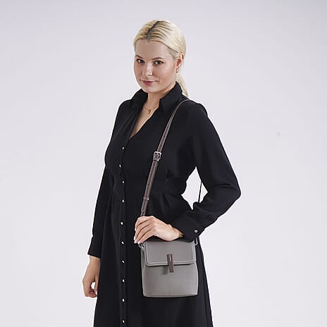 Stylish Two-Tone Genuine Leather Rectangular Flap Crossbody with Brown Adjustable Strap - Dark Grey