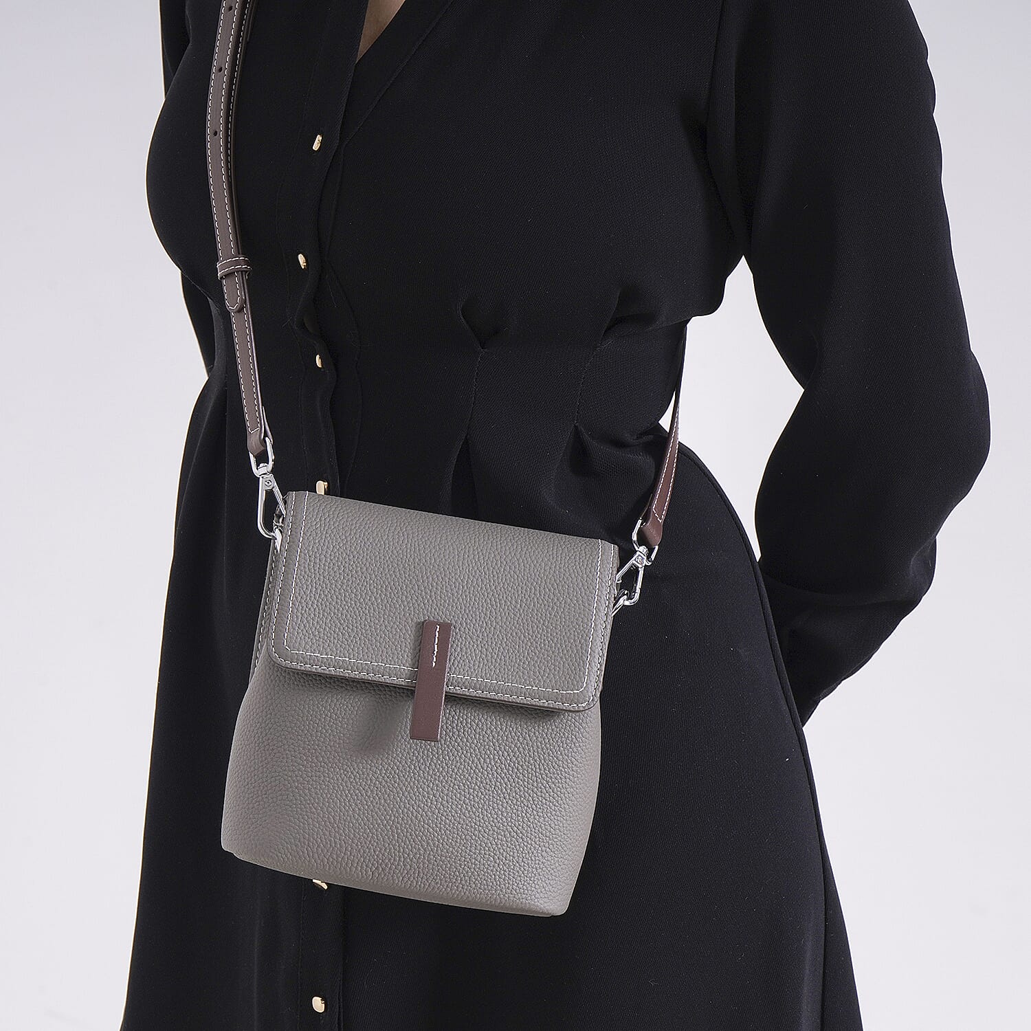 SUMPTUOUS QUALITY Stylish Two-Tone 100% Exquisite Genuine Leather Flap Crossbody with Brown Adjustable Strap - Dark Grey