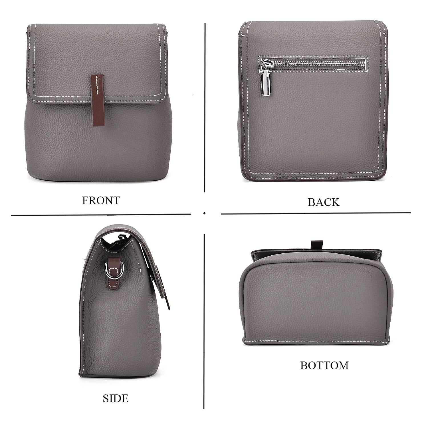 SUMPTUOUS QUALITY Stylish Two-Tone 100% Exquisite Genuine Leather Flap Crossbody with Brown Adjustable Strap - Dark Grey