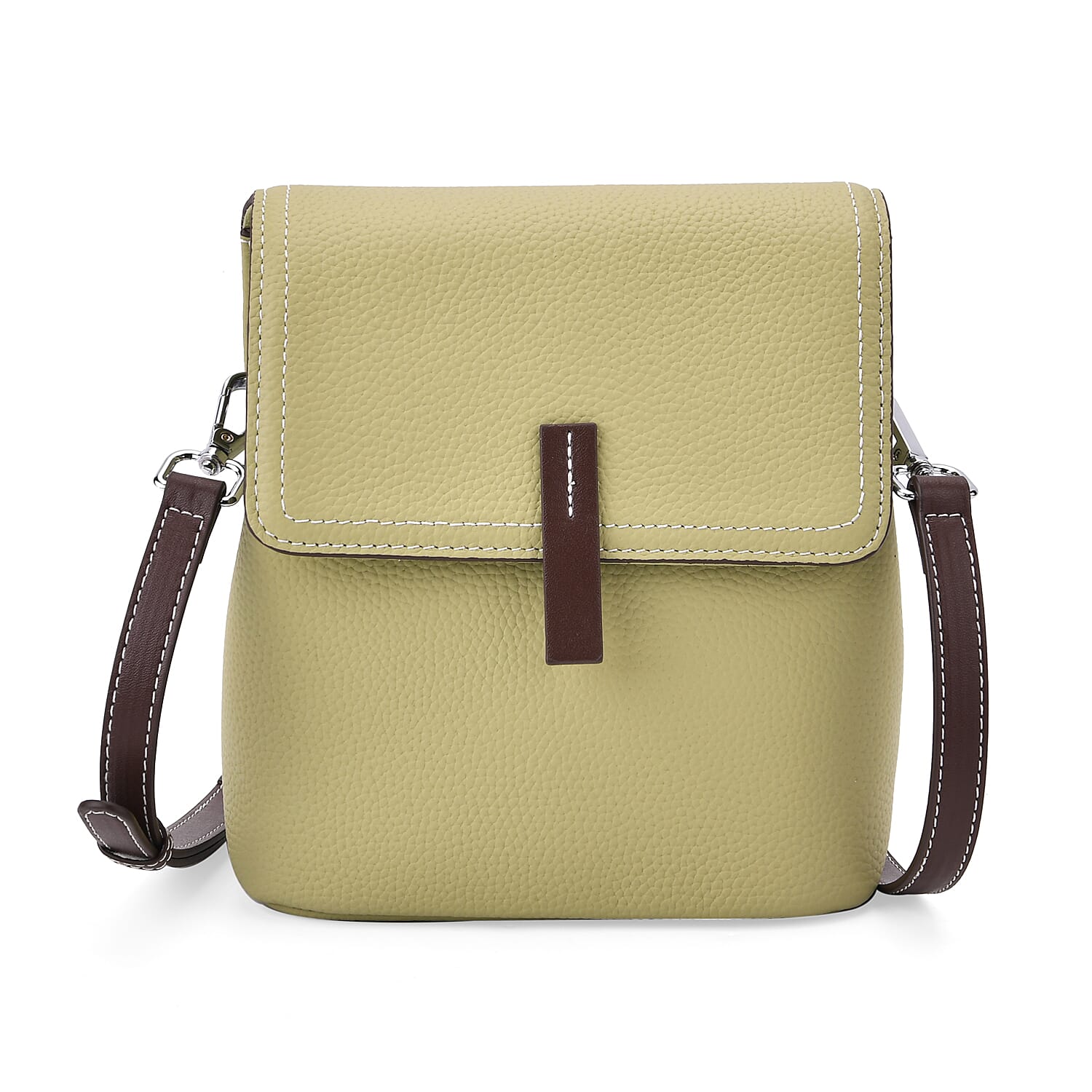 Stylish Two-Tone Genuine Leather Rectangular Flap Crossbody with Brown Adjustable Strap - Pistachio