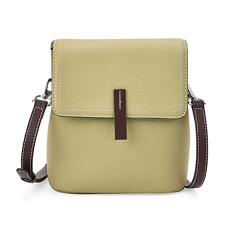 Stylish Two-Tone Genuine Leather Rectangular Flap Crossbody with Brown Adjustable Strap - Pistachio