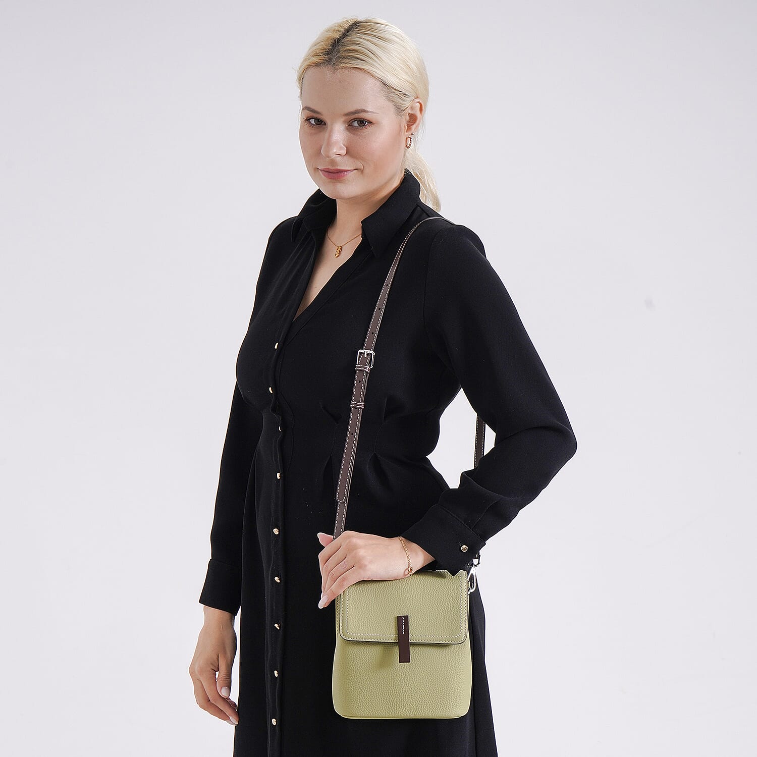 Stylish Two-Tone Genuine Leather Rectangular Flap Crossbody with Brown Adjustable Strap - Pistachio