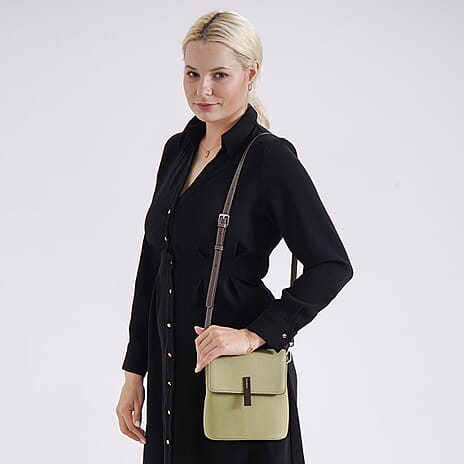 Stylish Two-Tone Genuine Leather Rectangular Flap Crossbody with Brown Adjustable Strap - Pistachio