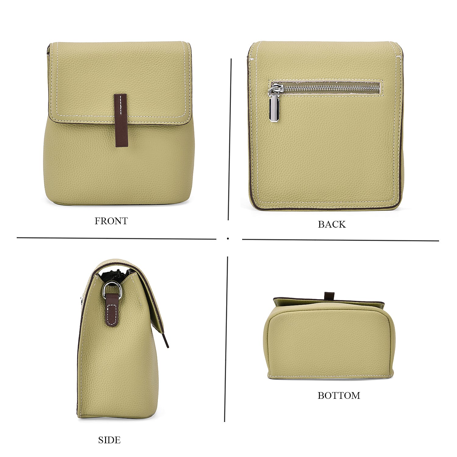 Stylish Two-Tone Genuine Leather Rectangular Flap Crossbody with Brown Adjustable Strap - Pistachio