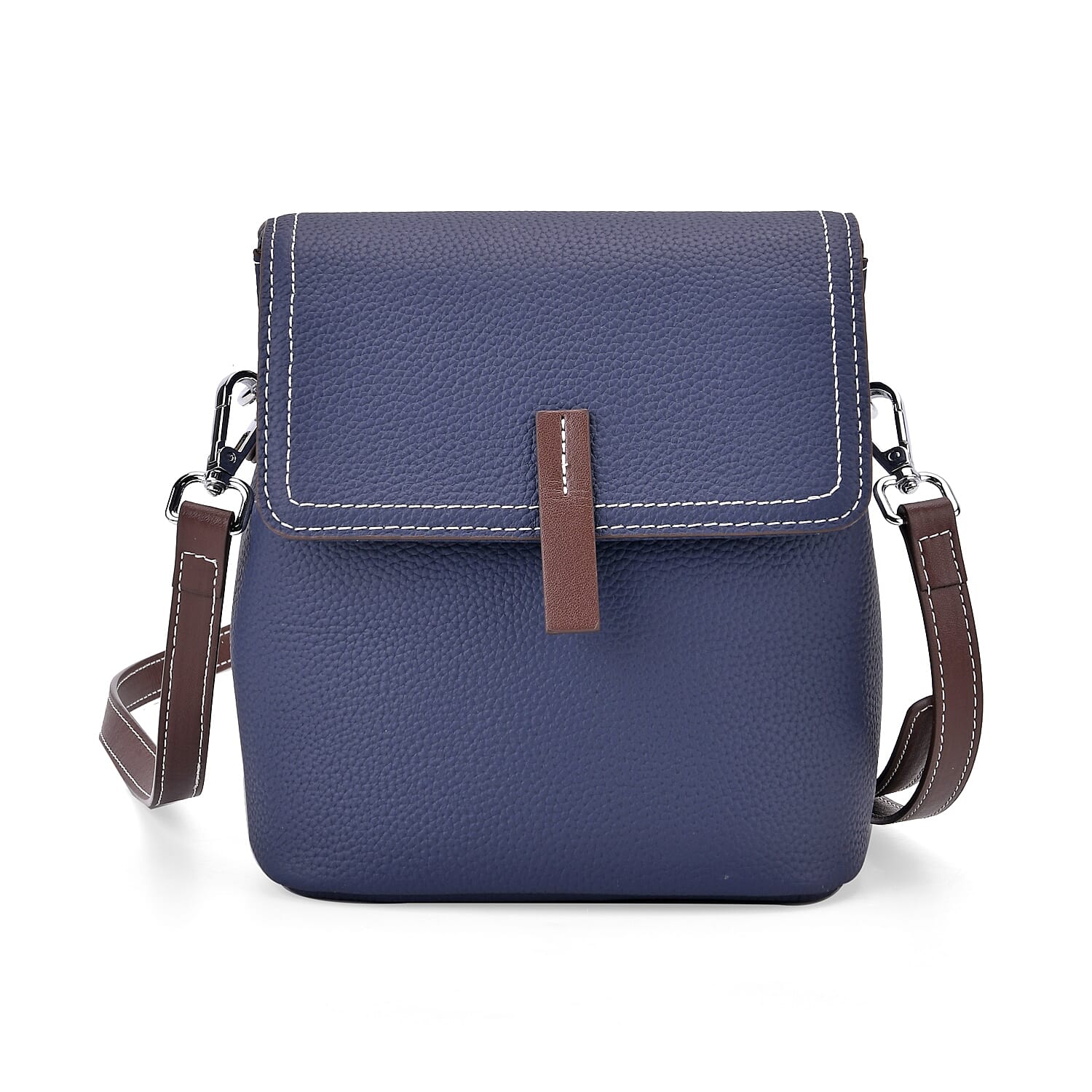 SUMPTUOUS QUALITY Stylish Two-Tone 100% Exquisite Genuine Leather Flap Crossbody with Brown Adjustable Strap - Midnight Blue