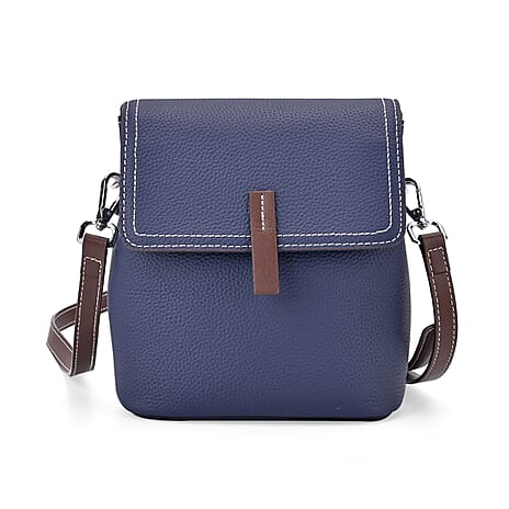 SUMPTUOUS QUALITY Stylish Two-Tone 100% Exquisite Genuine Leather Flap Crossbody with Brown Adjustable Strap - Midnight Blue