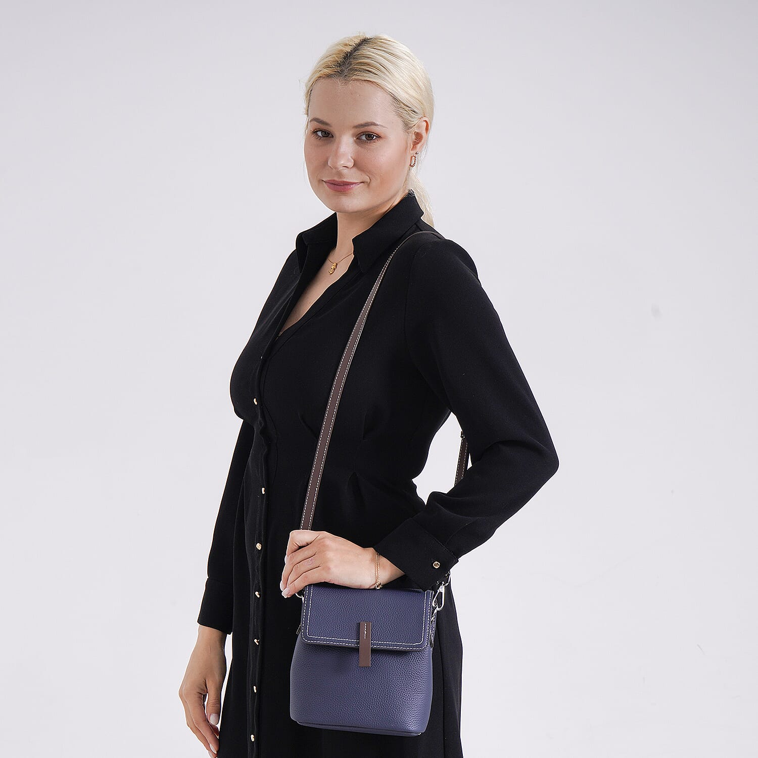 SUMPTUOUS QUALITY Stylish Two-Tone 100% Exquisite Genuine Leather Flap Crossbody with Brown Adjustable Strap - Midnight Blue