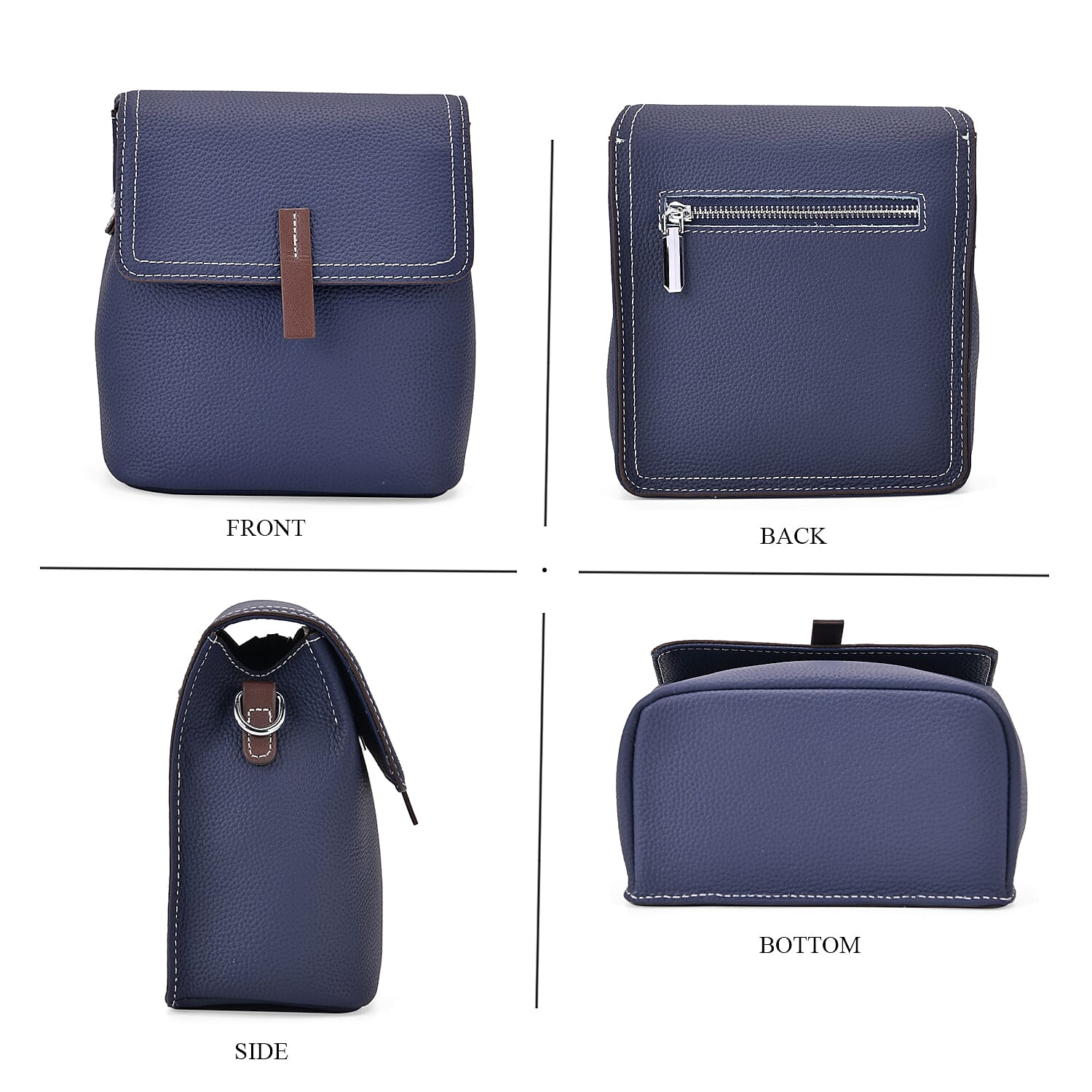 SUMPTUOUS QUALITY Stylish Two-Tone 100% Exquisite Genuine Leather Flap Crossbody with Brown Adjustable Strap - Midnight Blue
