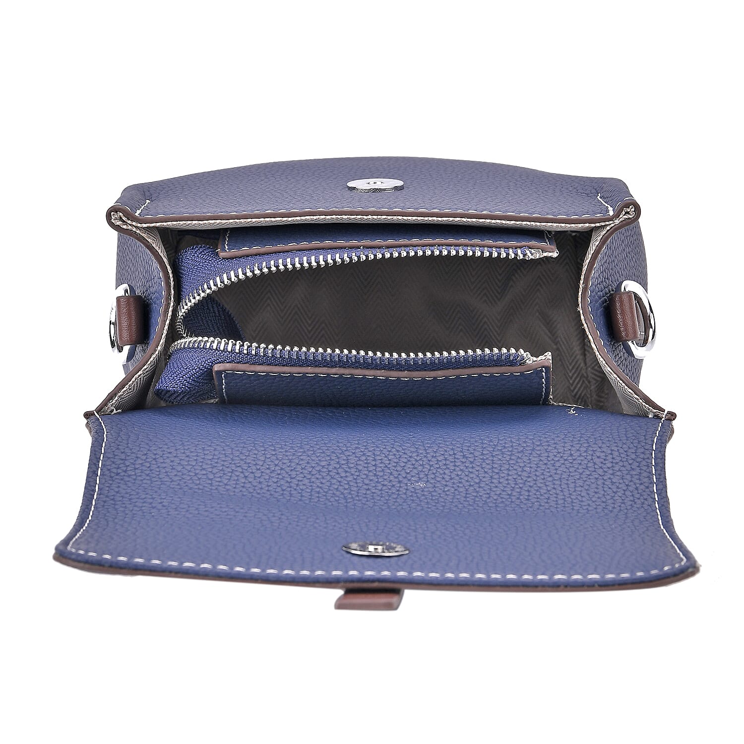 SUMPTUOUS QUALITY Stylish Two-Tone 100% Exquisite Genuine Leather Flap Crossbody with Brown Adjustable Strap - Midnight Blue