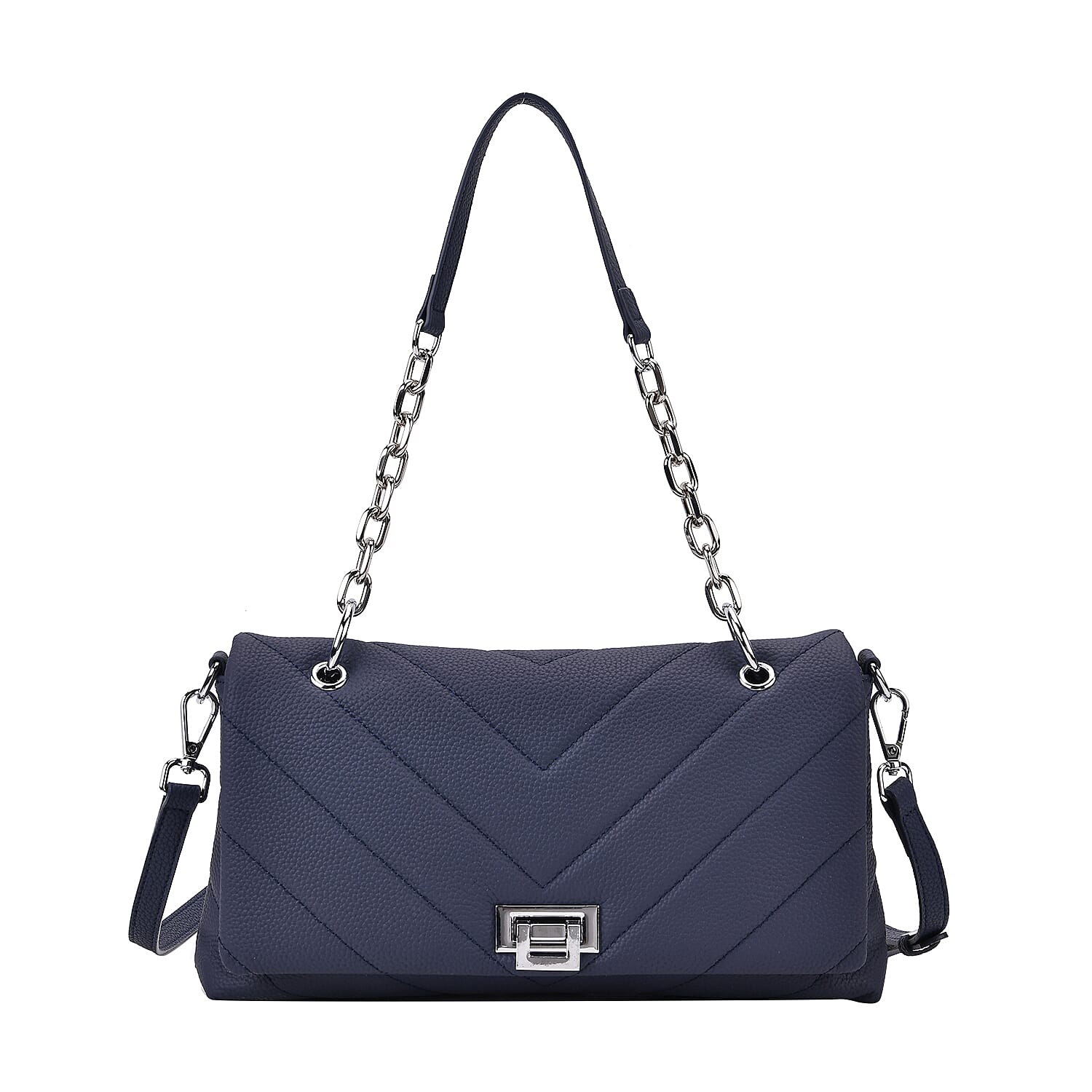 Elegant Genuine Leather Quilted Chevron Pattern Shoulder Bag with Chain Strap - Navy