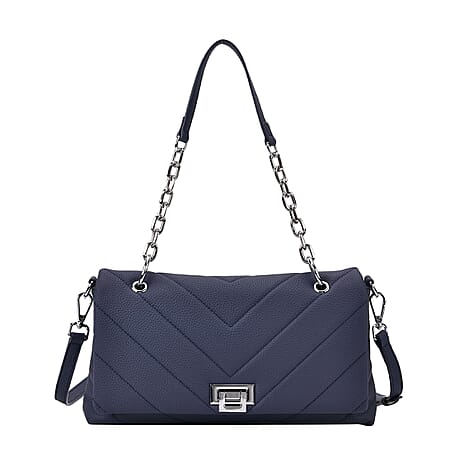 Elegant Genuine Leather Quilted Chevron Pattern Shoulder Bag with Chain Strap - Navy