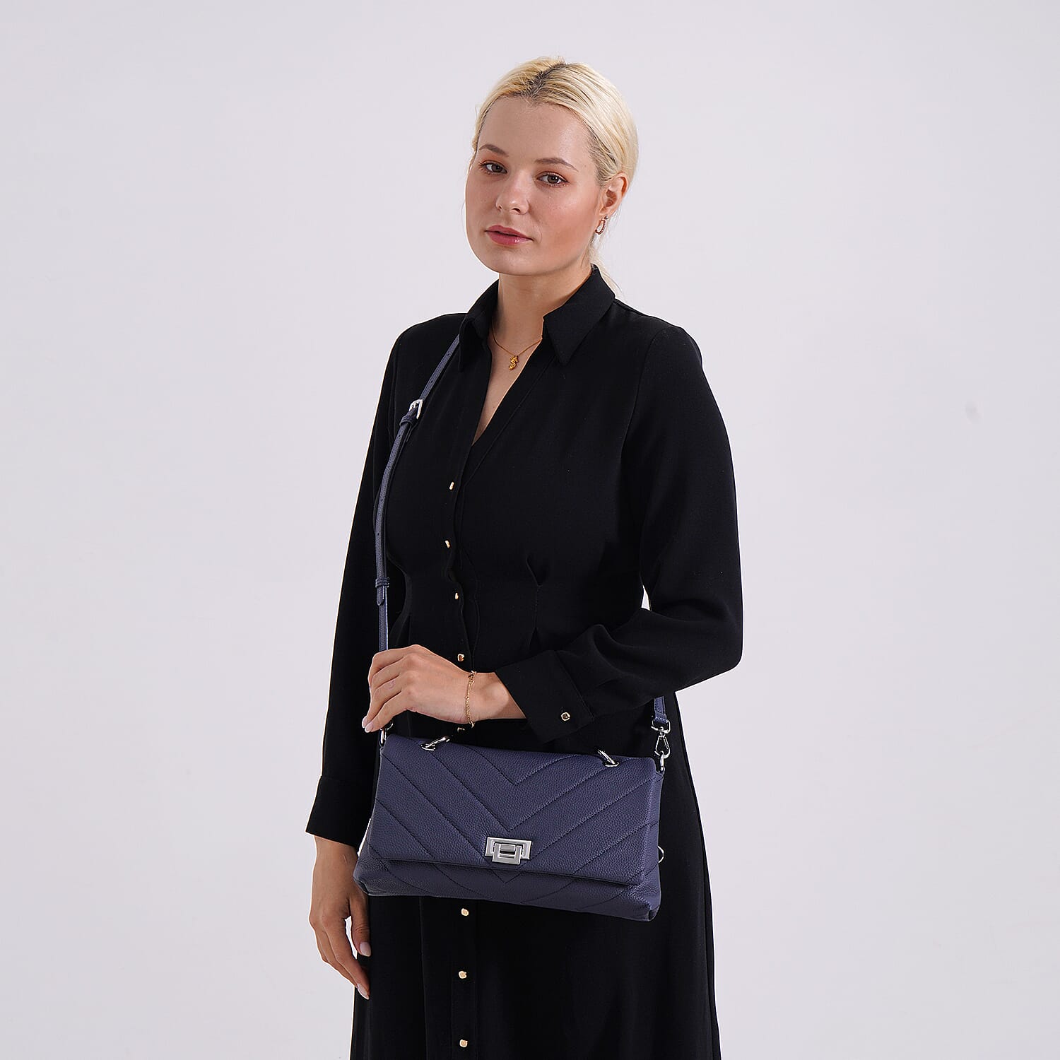 Elegant Genuine Leather Quilted Chevron Pattern Shoulder Bag with Chain Strap - Navy