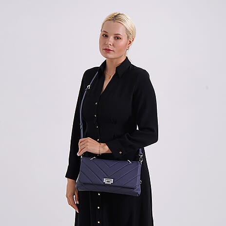 Elegant Genuine Leather Quilted Chevron Pattern Shoulder Bag with Chain Strap - Navy