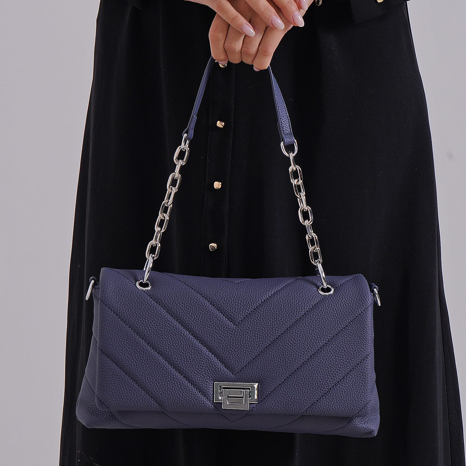 Elegant Genuine Leather Quilted Chevron Pattern Shoulder Bag with Chain Strap - Navy