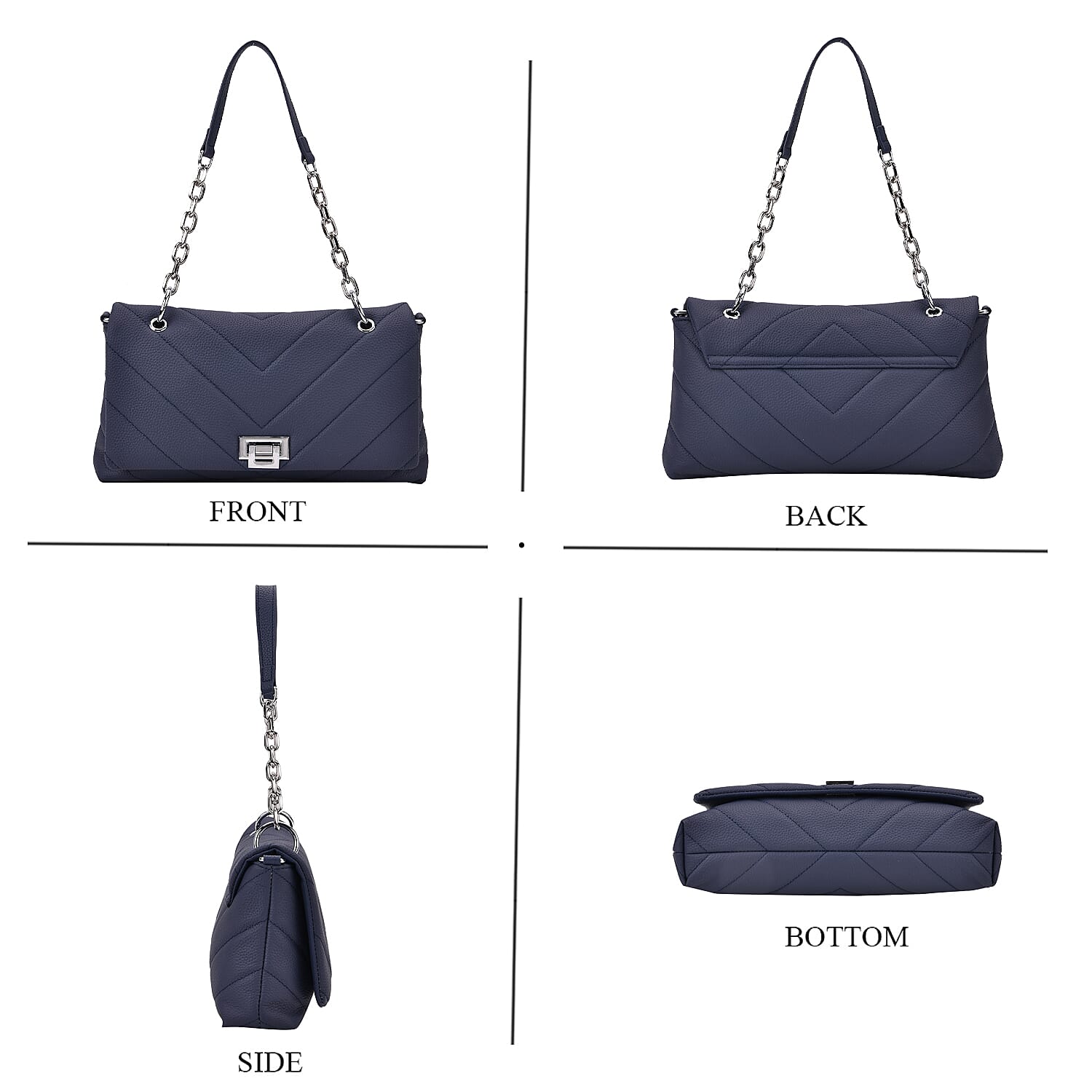 Elegant Genuine Leather Quilted Chevron Pattern Shoulder Bag with Chain Strap - Navy