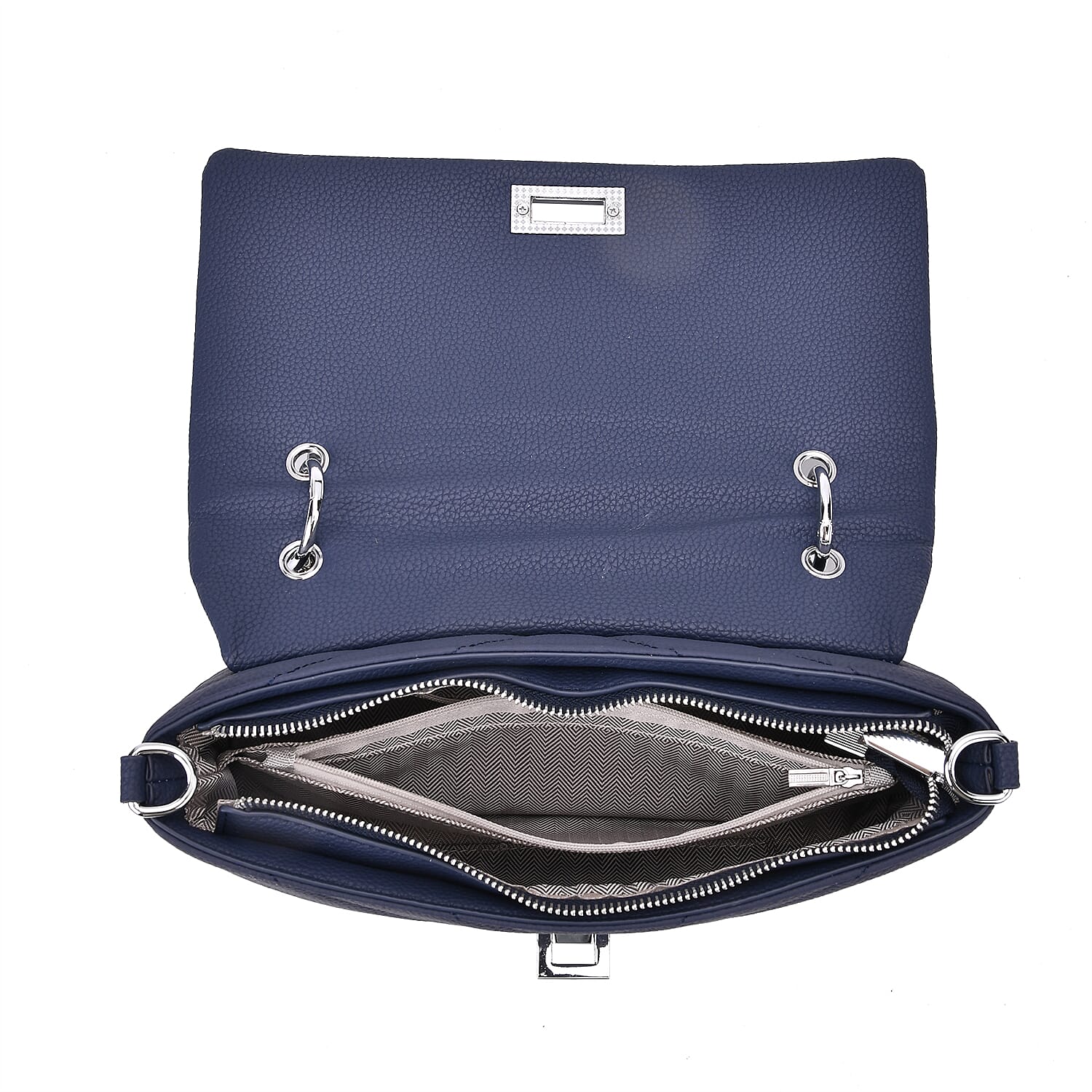 Elegant Genuine Leather Quilted Chevron Pattern Shoulder Bag with Chain Strap - Navy