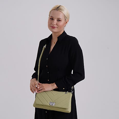 Elegant Genuine Leather Quilted Chevron Pattern Shoulder Bag with Chain Strap - Green