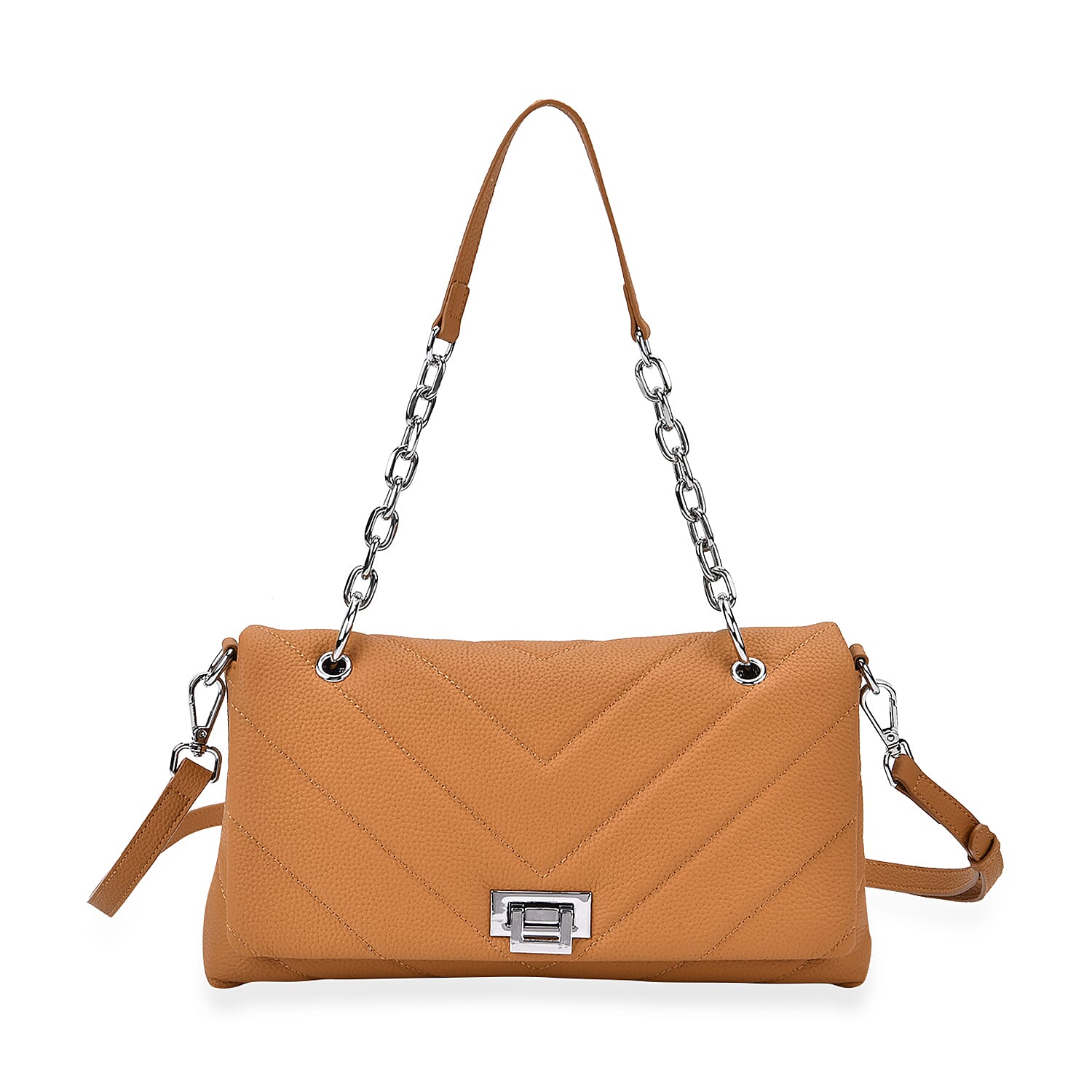 Elegant Genuine Leather Quilted Chevron Pattern Shoulder Bag with Chain Strap - Tan