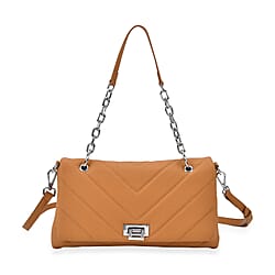 Elegant Genuine Leather Quilted Chevron Pattern Shoulder Bag with Chain Strap - Beige