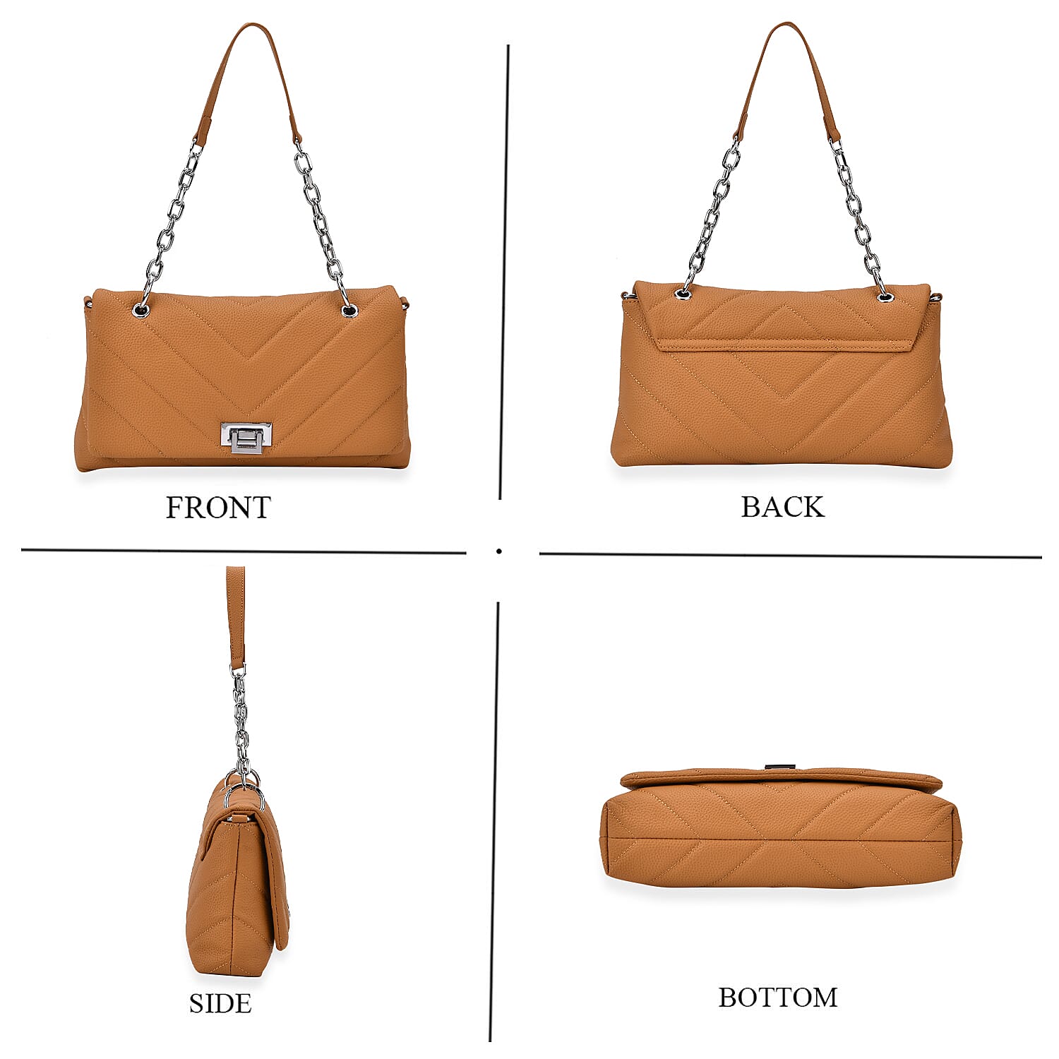 Elegant Genuine Leather Quilted Chevron Pattern Shoulder Bag with Chain Strap - Tan