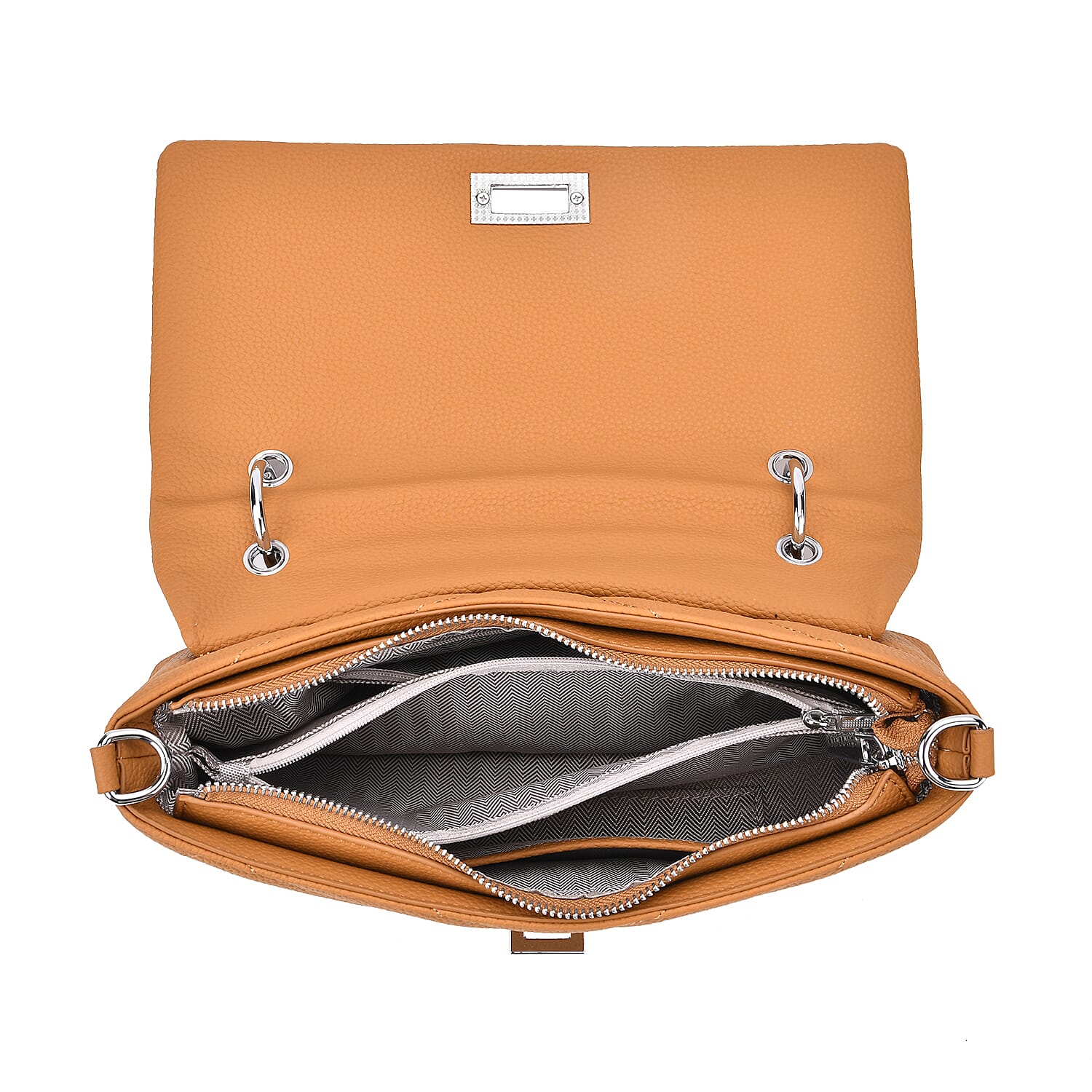 Elegant Genuine Leather Quilted Chevron Pattern Shoulder Bag with Chain Strap - Tan