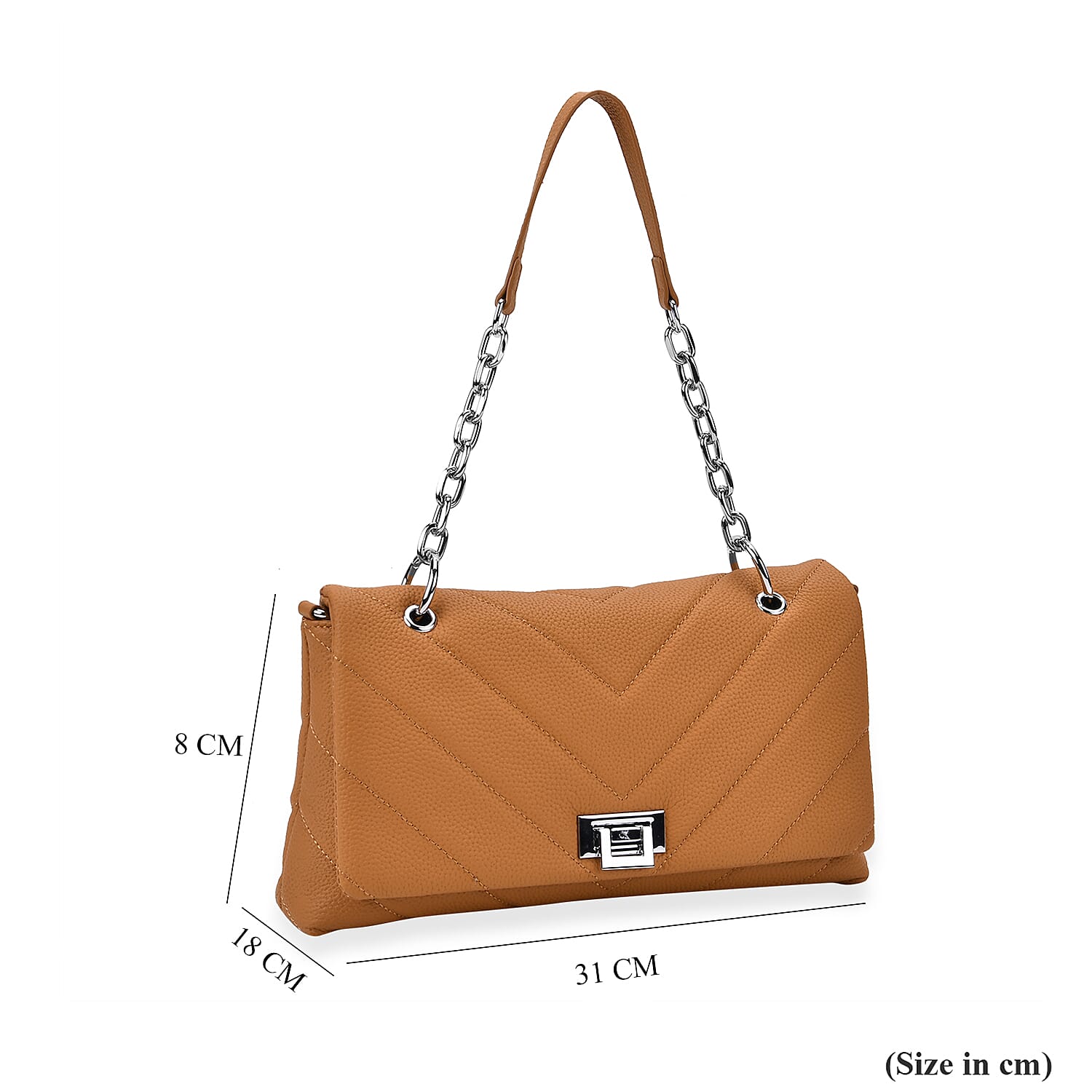 Elegant Genuine Leather Quilted Chevron Pattern Shoulder Bag with Chain Strap - Tan