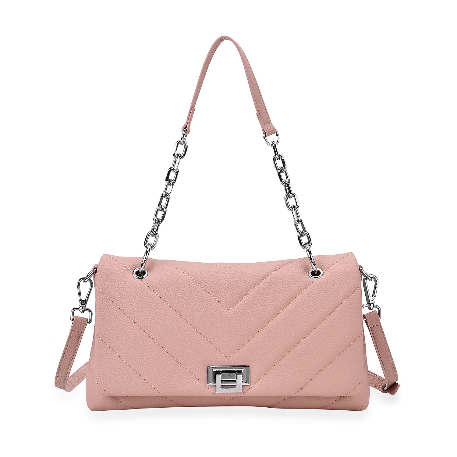 Elegant Genuine Leather Quilted Chevron Pattern Shoulder Bag with Chain Strap - Pink