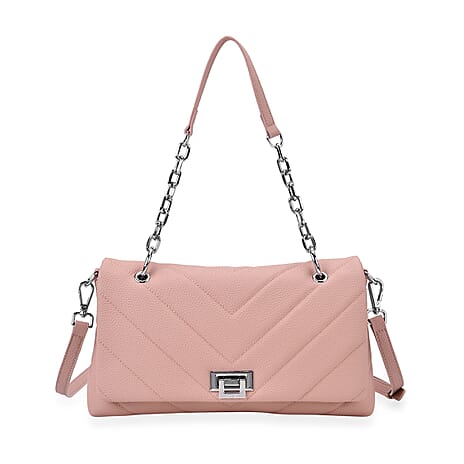 Elegant Genuine Leather Quilted Chevron Pattern Shoulder Bag with Chain Strap - Pink