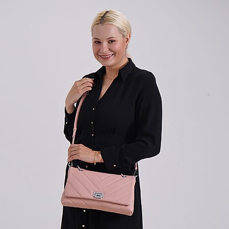 Elegant Genuine Leather Quilted Chevron Pattern Shoulder Bag with Chain Strap - Pink