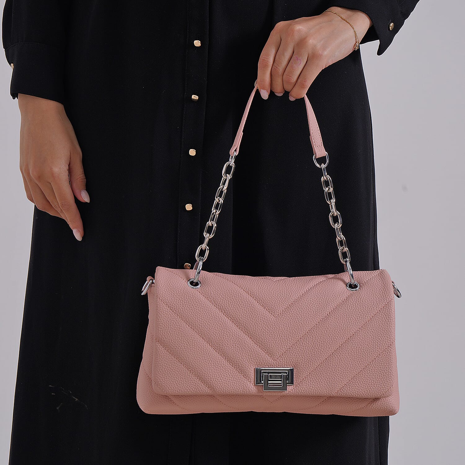 Elegant Genuine Leather Quilted Chevron Pattern Shoulder Bag with Chain Strap - Pink