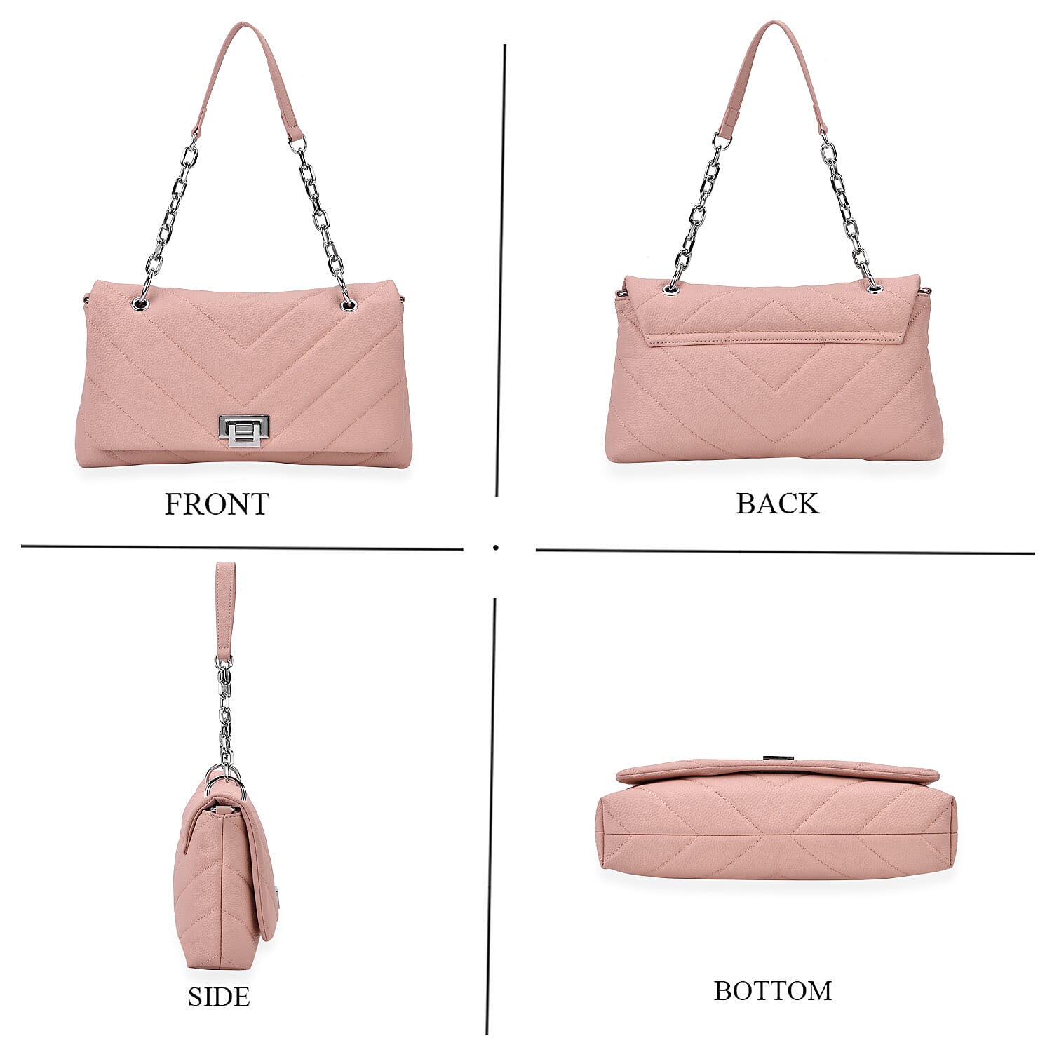 Elegant Genuine Leather Quilted Chevron Pattern Shoulder Bag with Chain Strap - Pink