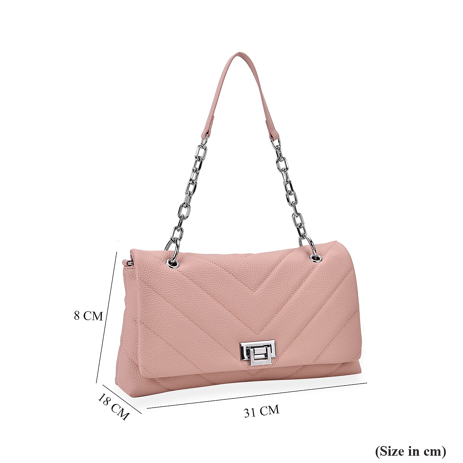 Elegant Genuine Leather Quilted Chevron Pattern Shoulder Bag with Chain Strap - Pink