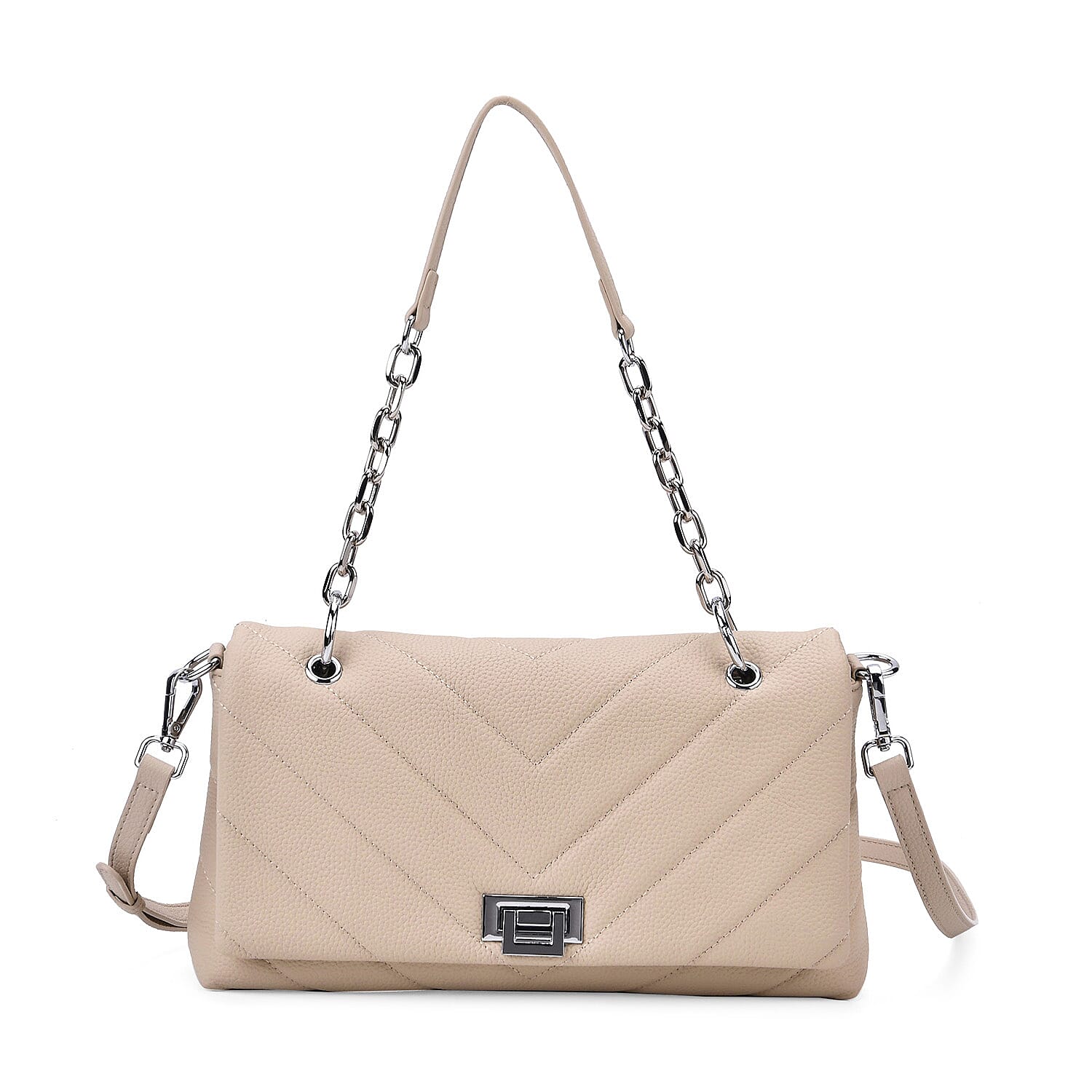 Elegant Genuine Leather Quilted Chevron Pattern Shoulder Bag with Chain Strap - Beige