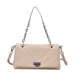 Elegant Genuine Leather Quilted Chevron Pattern Shoulder Bag with Chain Strap - Beige