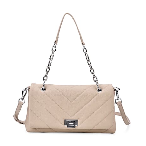 Elegant Genuine Leather Quilted Chevron Pattern Shoulder Bag with Chain Strap - Beige