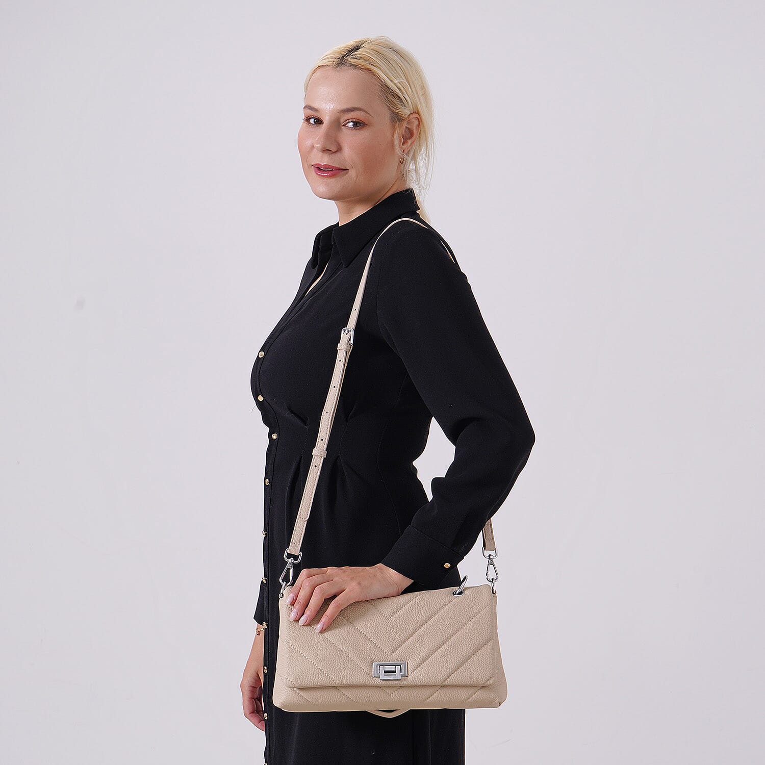 Elegant Genuine Leather Quilted Chevron Pattern Shoulder Bag with Chain Strap - Beige