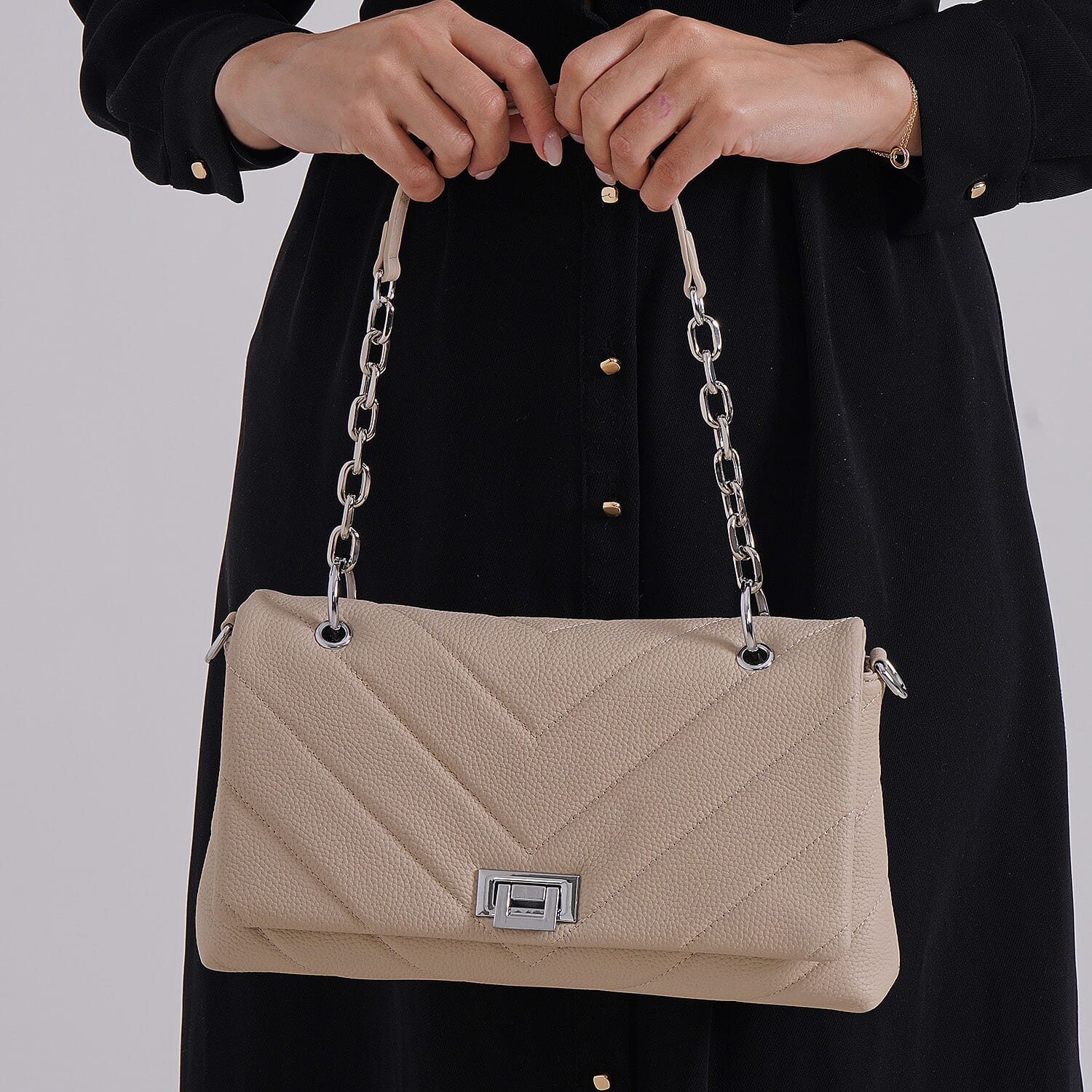 Elegant Genuine Leather Quilted Chevron Pattern Shoulder Bag with Chain Strap - Beige