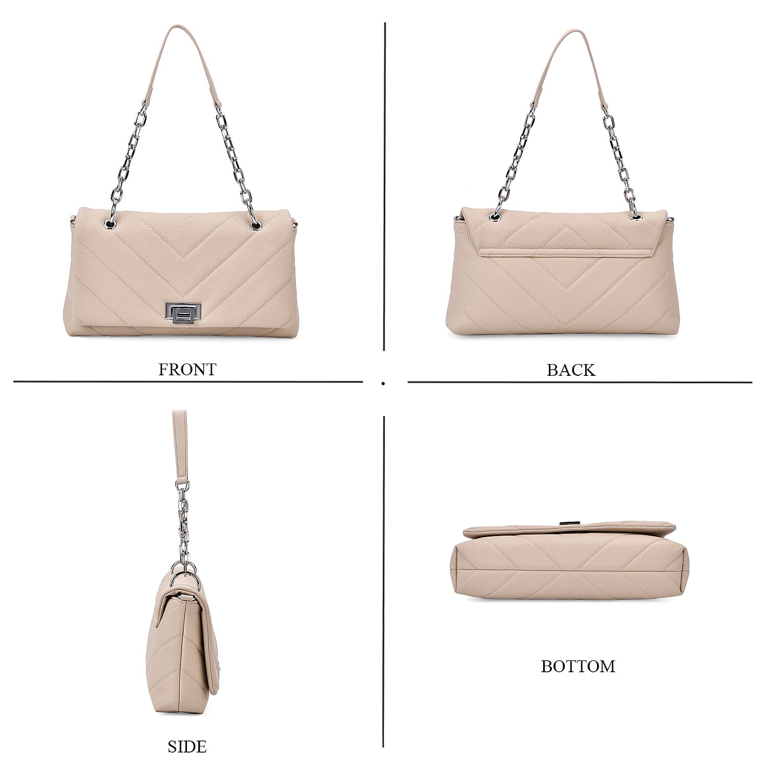 Elegant Genuine Leather Quilted Chevron Pattern Shoulder Bag with Chain Strap - Beige